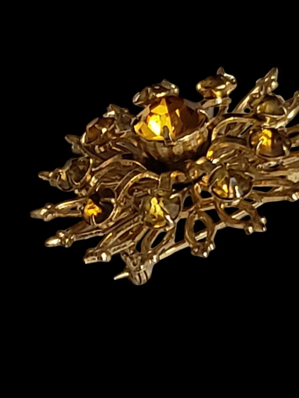 Vintage Coro Sunburst Brooch Pin Amber Gold Tone